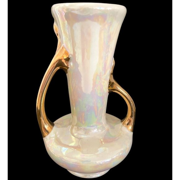 Unbranded Other - MCM Lusterware Vase Ceramic Pearl Glazed Iridescent Porcelain Gold Handles VTG